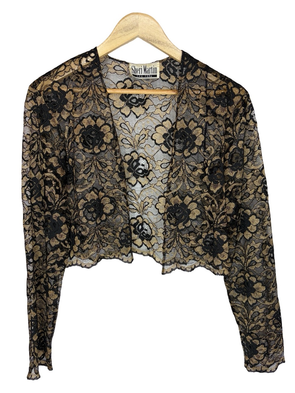 Sheri Martin Black and Gold Floral Lace Cropped Cardigan bolero shrug size 14